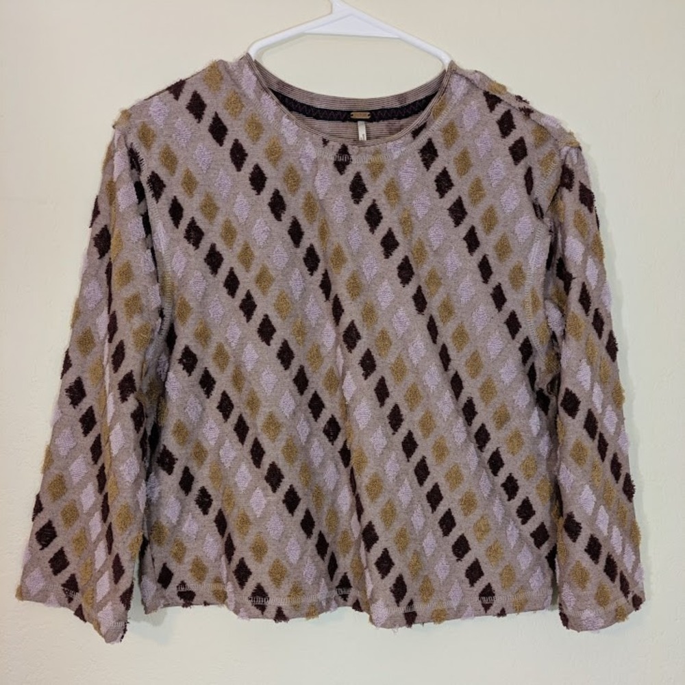 Free People Textured Cropped Knit Top Argyle Diamond Large Boho Preppy Academia